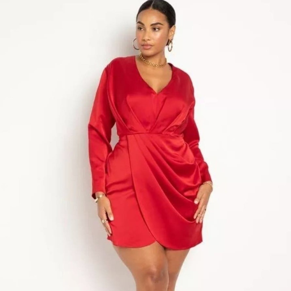 Eloquii Satin Draped Faux Wrap Mini Dress‎ 28 Red Long Sleeve